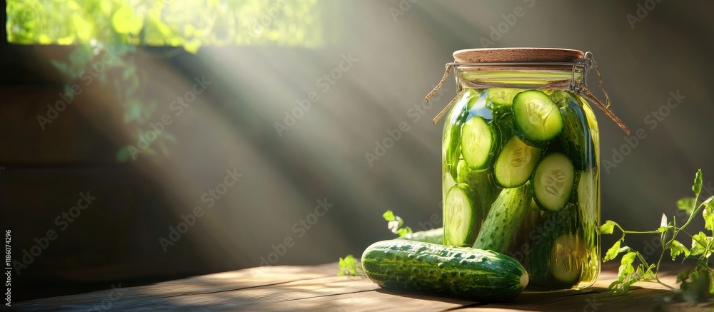 Poster jar of fresh cucumbers for preserving on the table. with copy space image. place for adding text or 