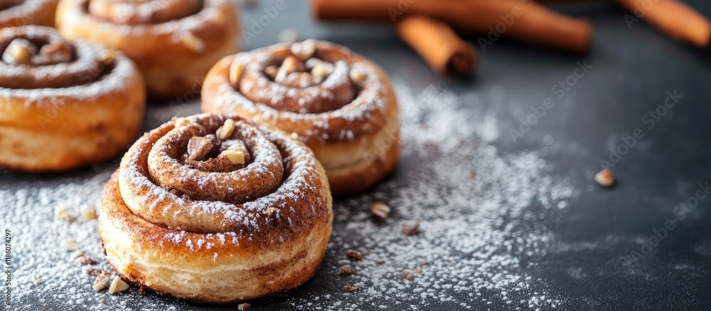 Leinwandbilder selective focus on freshly baked cinnamon rolls. with copy space image. place for adding text or des