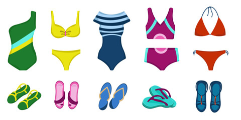 Vector set of swimsuits and shoes. Color illustration of swimsuits and sandals in different colors and styles.