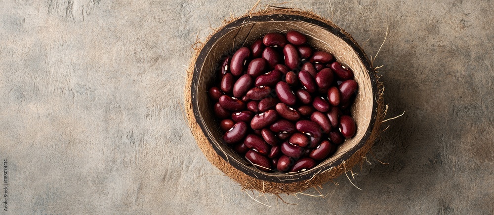 Poster red kidney beans inside a coconut shell bowl rich in protein top view with copy space close up