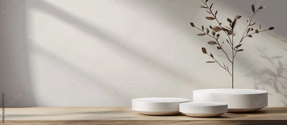 Aufkleber props for product photography white pedestals on a wooden table. with copy space image. place for ad