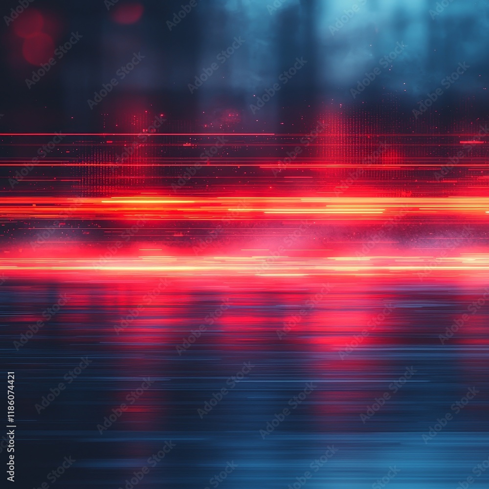 Poster a dynamic abstract design with vibrant red and blue hues, highlighted by glowing lines and fluid sha