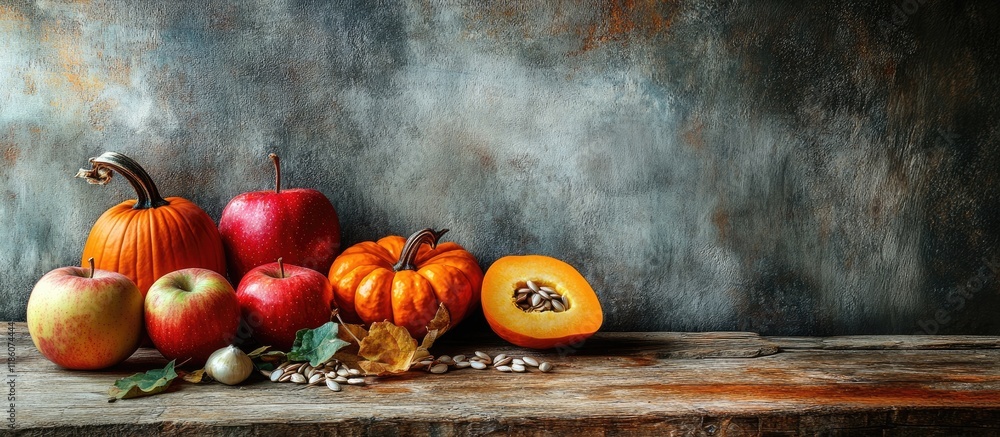 Poster thanksgiving decorations featuring pumpkins apples and squash seeds on the left side of a rustic woo