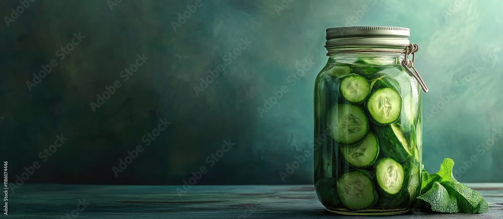 Poster jar of fresh cucumbers for preserving on the table. with copy space image. place for adding text or 