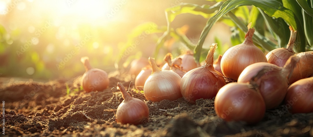 Poster harvesting onions from the garden. with copy space image. place for adding text or design