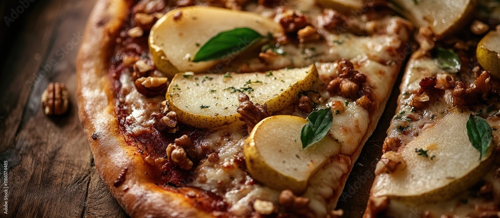 Poster spicy pizza topped with pear nuts and dorblu cheese macro shot. with copy space image. place for add
