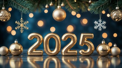 Festive Golden 2025 Decoration with Ornaments and Twinkling Lights