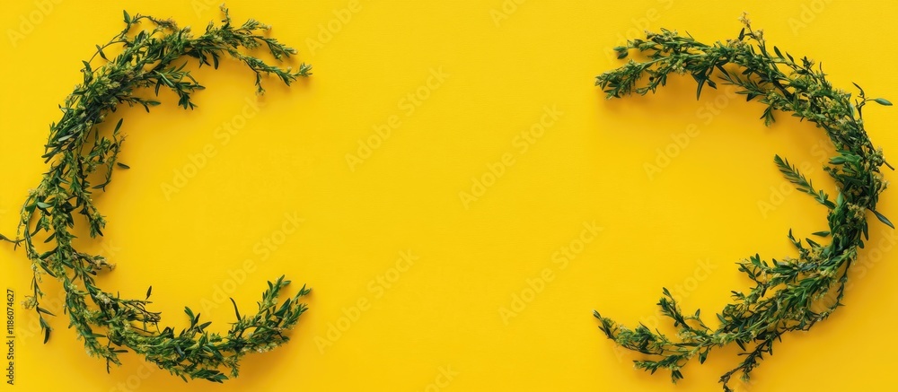 Poster circular frame created from four gorse hedging branches arranged in a flat lay on a vibrant yellow b