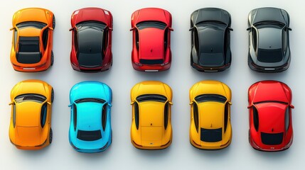 Overhead view of ten colorful cars parked in rows.