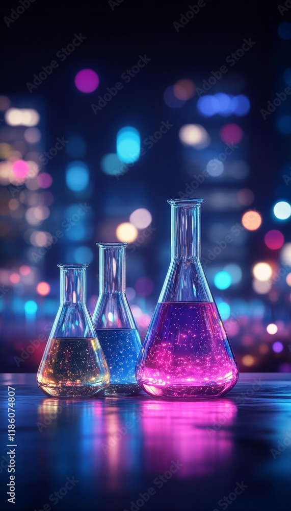 Poster close up of colorful liquids in laboratory flasks on bokeh background science, research concept.
