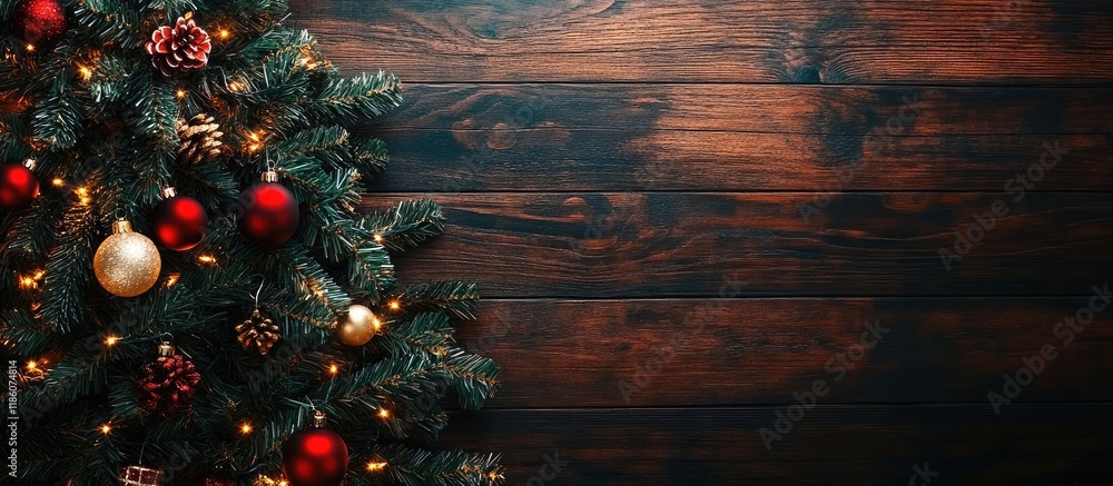 Leinwandbilder christmas fir tree adorned with decorations on a dark wooden surface. with copy space image. place f