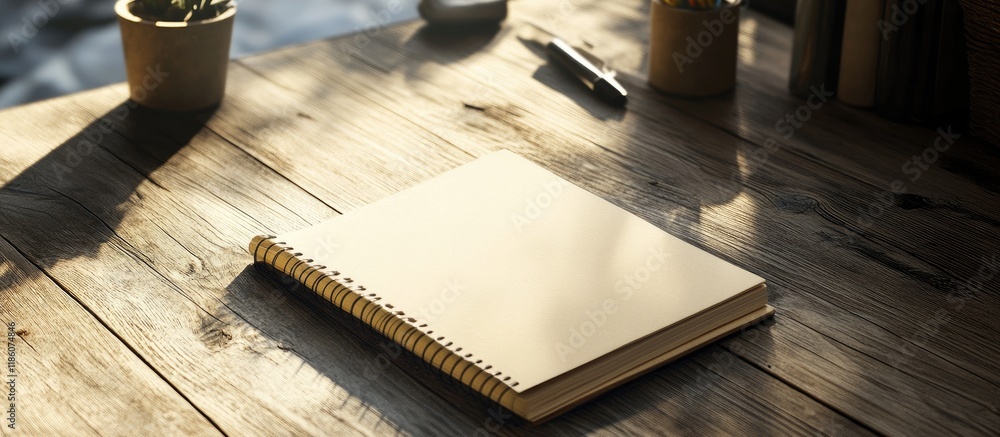 Poster blank notebook on wooden floor with office supplies nearby. with copy space image. place for adding 