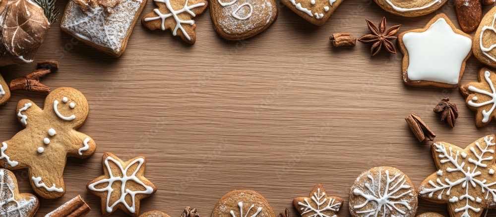 Poster variety of homemade christmas cookies arranged on a wooden surface close up view with copy space for