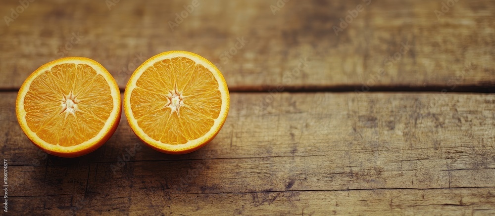 Poster close up of two orange halves on a rustic table positioned vertically with copy space