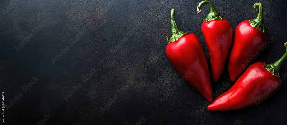 Poster red habanero peppers against a dark background close up from above. with copy space image. place for