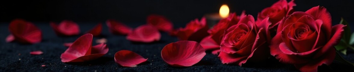 Naklejka premium Dark rose petals against black velvet background with subtle candlelight glow, ambiance, darkness, flowers