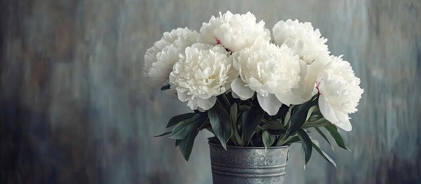White Odile peonies in a metal vase Gorgeous peony flower for a catalog or online store Floral shop idea Stunning fresh cut bouquet Flower delivery Copy space