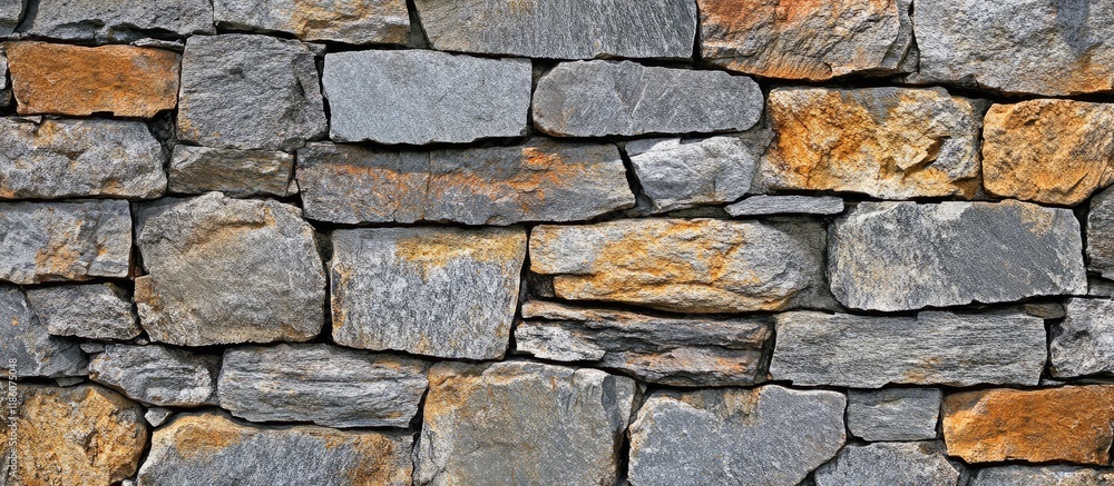 Aufkleber Rough stone wall serving as a creative background texture Natural stone masonry featuring uneven seams Stone wall backdrop. with copy space image. Place for adding text or design