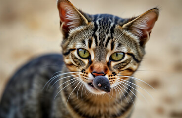 Tabby cat holds small mouse in mouth. Hunting scene. Predator, prey. Powerful cat, vulnerable mouse. Wild animal nature photo. Domestic animal. Cat, mouse interaction. Pet, rodent. Animal behavior.