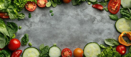 Frame created from fresh vegetables on a stone background Components for a vegetable salad Flat lay...