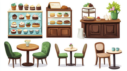 Cafe furniture set isolated on white background. Vector cartoon illustration of bakery shop showcase with cakes and pastry, wooden counter and armchairs, coffee cup, flower in vase, interior decor