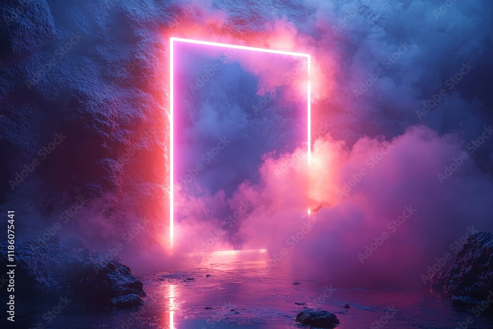Poster glowing neon rectangle set against a black background, with a dynamic energy wave overlay to create 