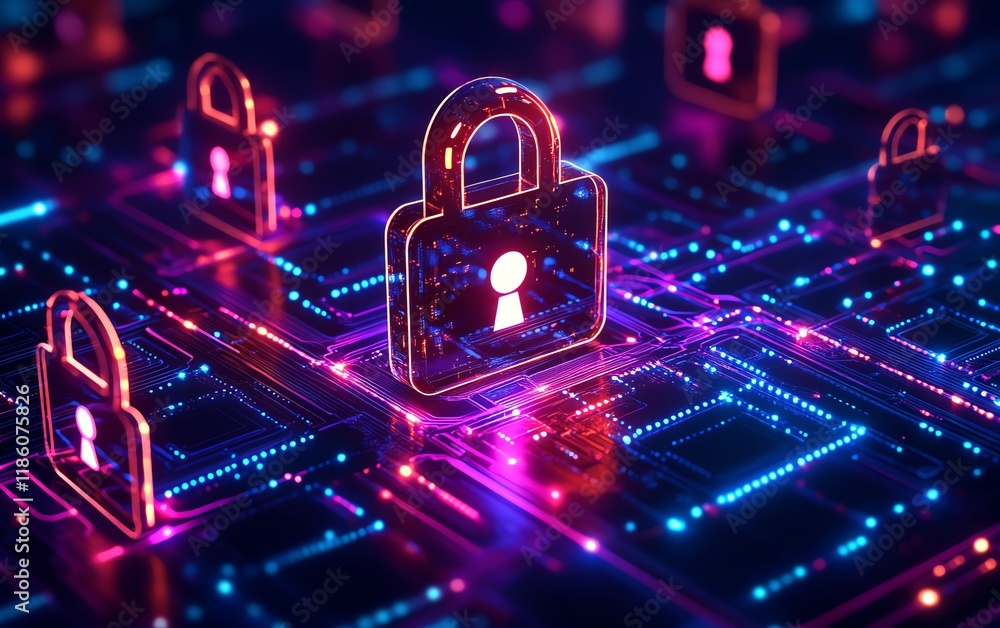 Poster Cybersecuritythemed digital network with glowing data paths, vibrant connections, and secure tech symbols