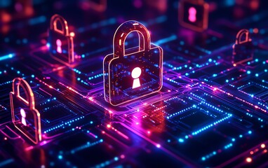 Cybersecuritythemed digital network with glowing data paths, vibrant connections, and secure tech symbols