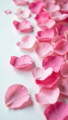 Delicate pink rose petals scattered on a white surface, delicate, dried, petals