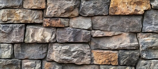 Rough stone wall serving as a creative background texture Natural stone masonry featuring uneven seams Stone wall backdrop. with copy space image. Place for adding text or design