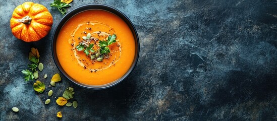 Pumpkin soup and organic pumpkins viewed from above A seasonal autumn dish Spicy pumpkin soup with...