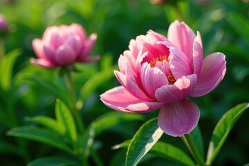 Fototapeta premium Delicate violet pink peony blooms on lush green leaves, greenery, spring