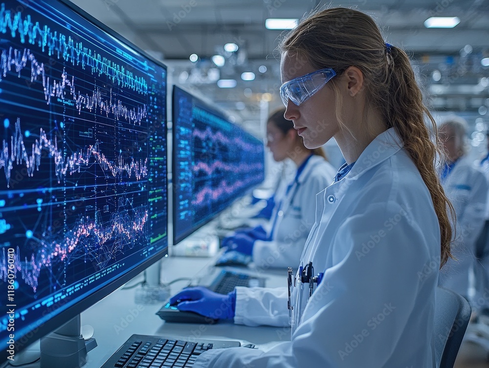 Poster scientists analyze data on computer screens in a lab. this image is suitable for scientific research