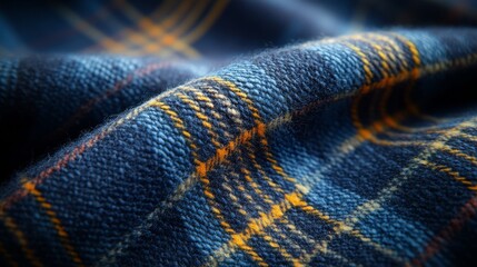 Detailed shot of blue tartan fabric with orange and yellow accents. Tartan Day, Scottish textile