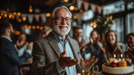 Colleagues celebrate retirement party with gifts, cake, and decorations in cozy office environment