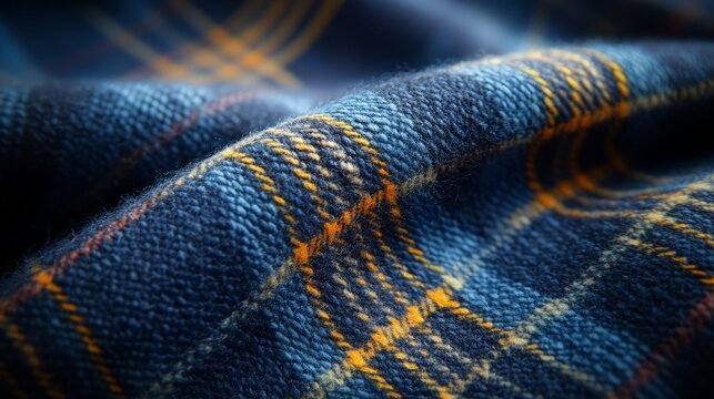 Detailed shot of blue tartan fabric with orange and yellow accents. Tartan Day, Scottish textile