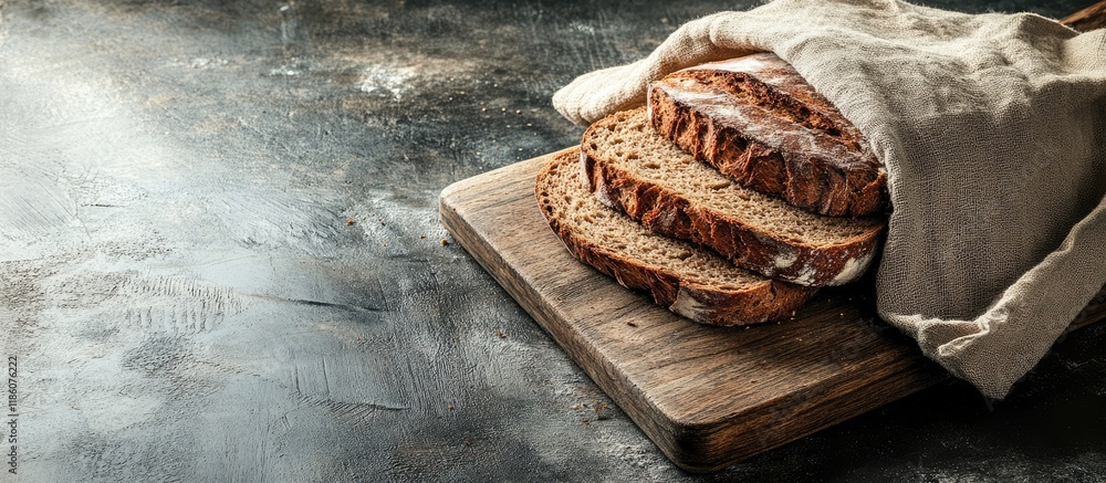 Leinwandbilder sliced rye bread on a rustic wooden cutting board a homemade loaf of bread in a linen bag concept of