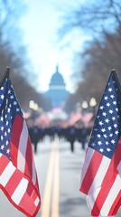 Parade with National  American flags and Capitol in Background. Patriotic scene symbolizing national pride, democracy, and civic engagement