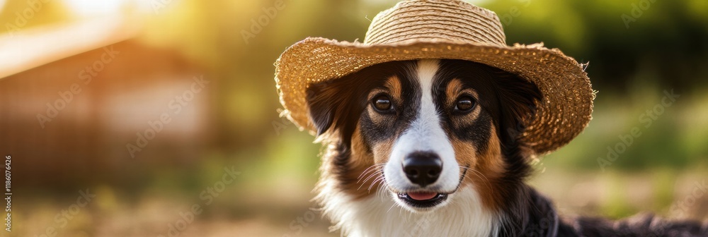 Poster dog with straw hat enjoying a sunny day on a rustic farm setting surrounded by nature. generative ai