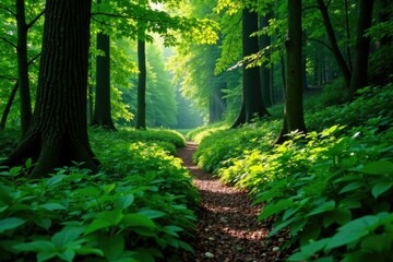 Obraz premium Dense forest on right, narrow trail amidst greenery, undergrowth, foliage, nature