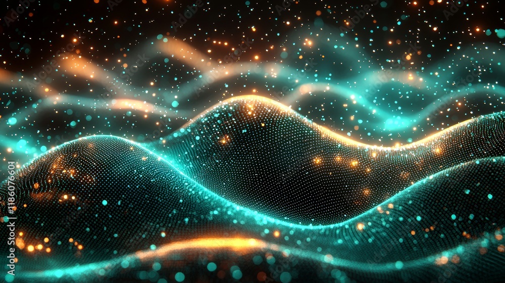 Poster a mesmerizing high-tech backdrop is formed by dynamic waves of teal particles