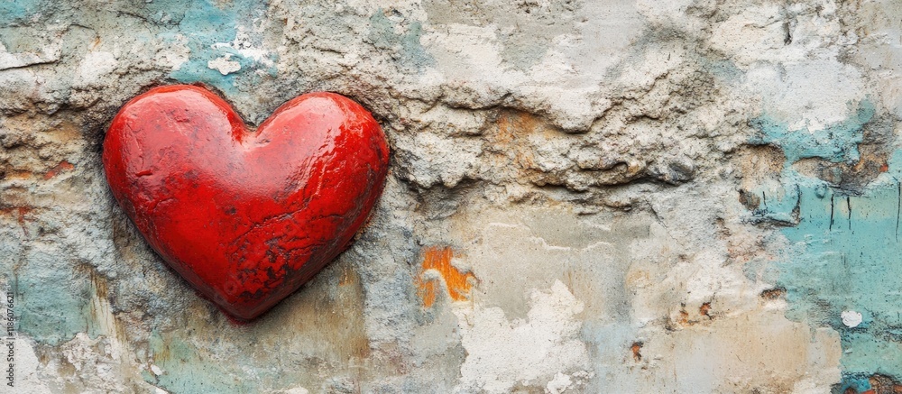 Aufkleber Red heart symbolizing love on a rough stone surface Abstract background for Saint Valentine. with copy space image. Place for adding text or design