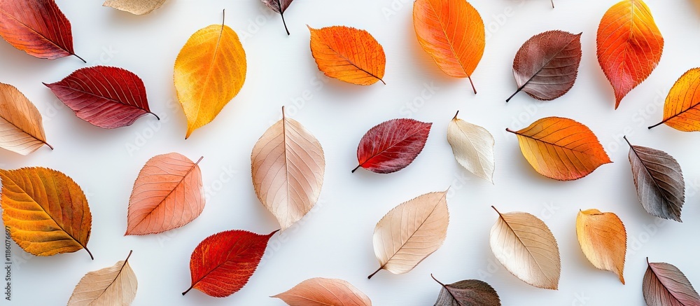 Poster Autumn flat lay backdrop featuring colorful dried leaves on a white surface. with copy space image. Place for adding text or design