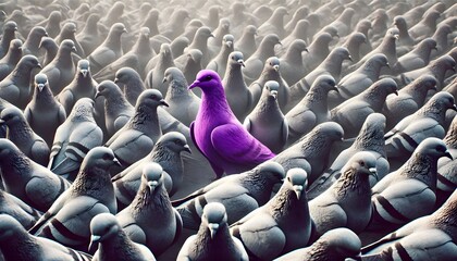 Fototapeta premium A purple pigeon alone among a crowd of grey pigeons, concept of standing out from the crowd as a leader, of being different and unique with its own identity and special skills among the others