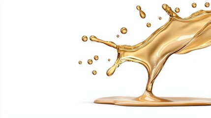 A photostock of golden liquid splashes in elegant, dynamic arcs, isolated on a clean white background, shiny and luxurious, High Quality