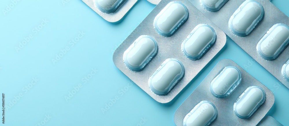 Aufkleber blister packs containing calcium supplement pills arranged on a light blue background viewed from ab