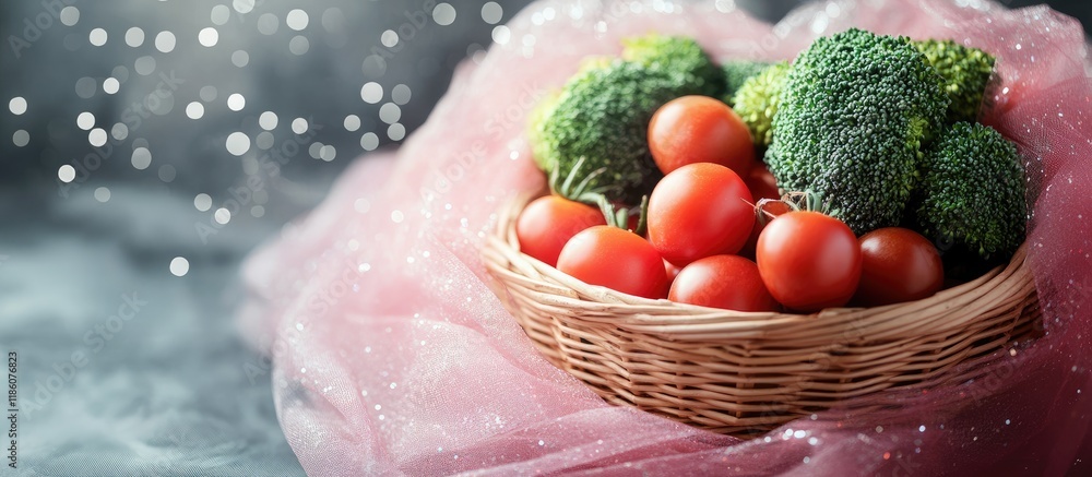 Poster wooden basket containing cherry tomatoes and chopped broccoli encircled by pink tulle fabric with sp