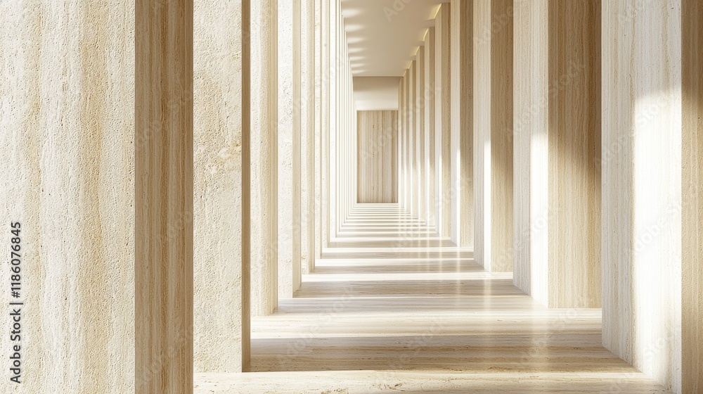Poster abstract architecture with endless hallways and central courtyards is enveloped in dreamy light