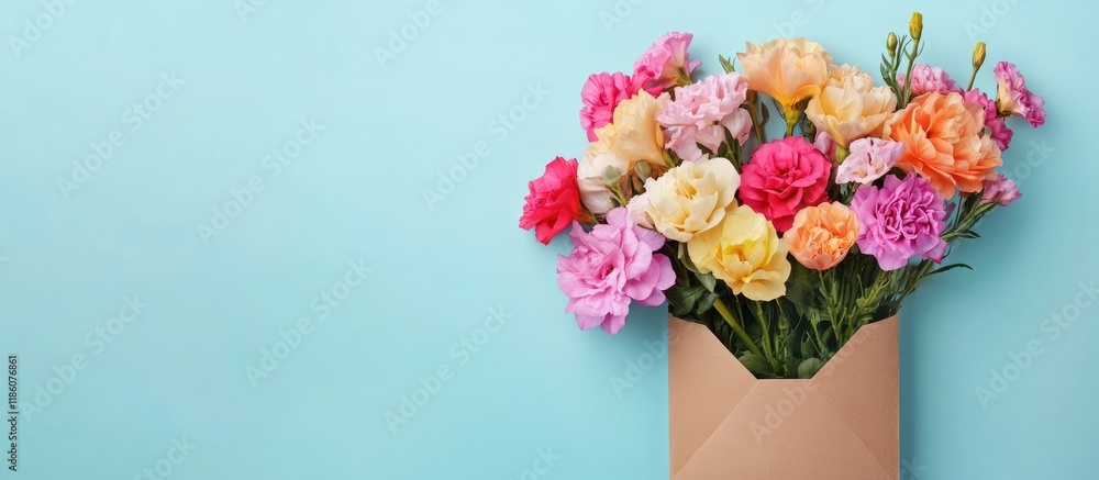 Poster Colorful flowers in an envelope representing the flower delivery concept Celebrate. with copy space image. Place for adding text or design
