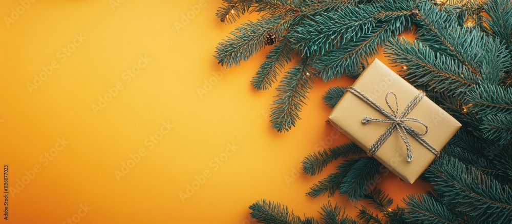 Poster Fir tree branches and a gift box against a yellow and orange background Top view flat lay. with copy space image. Place for adding text or design